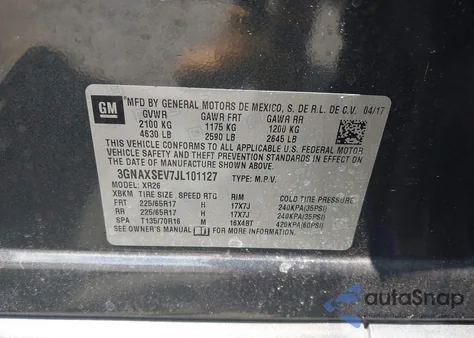 2018 Chevrolet Equinox Lt z USA, uszkodzony, nr VIN 3GNAXSEV7JL101127